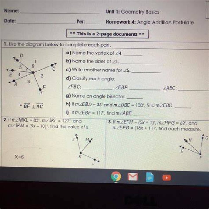 Angle Addition Postulate Homework 4 Answer