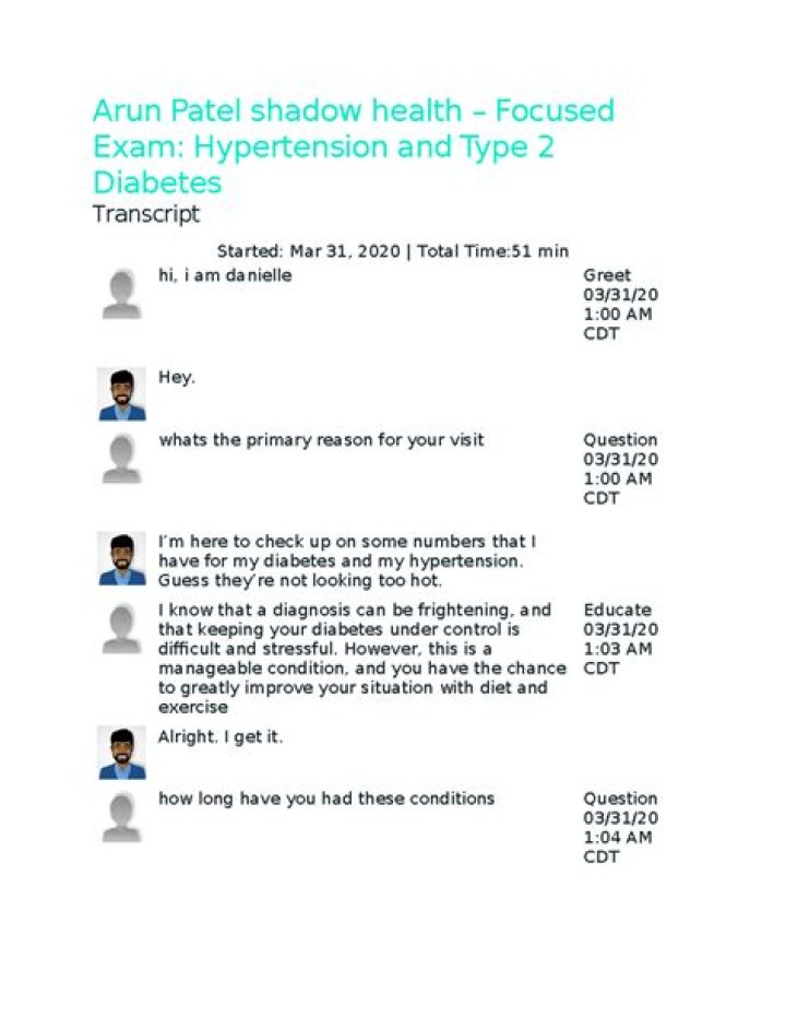 Arun Patel Hypertension and Type 2 Diabetes Shadow Health Transcript