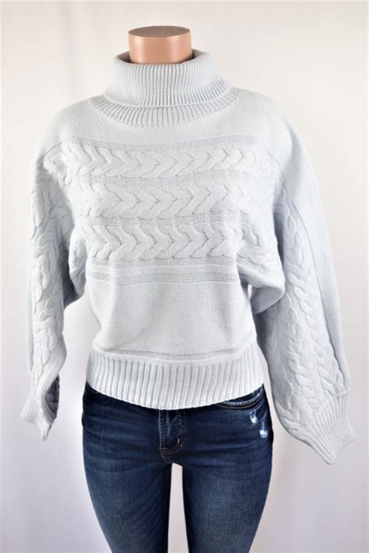 Light Blue Sweater Chunky cable knit light blue rolled neck sweater top.