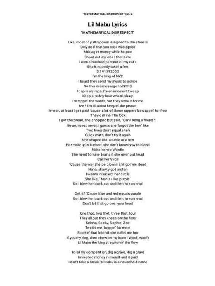 Lil Mabu MATHEMATICAL DISRESPECT Lyrics Genius Lyrics