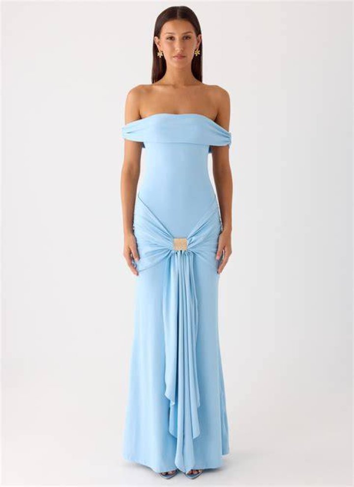 Pamela Bardot Maxi Dress Blue Flower The Dressing Room