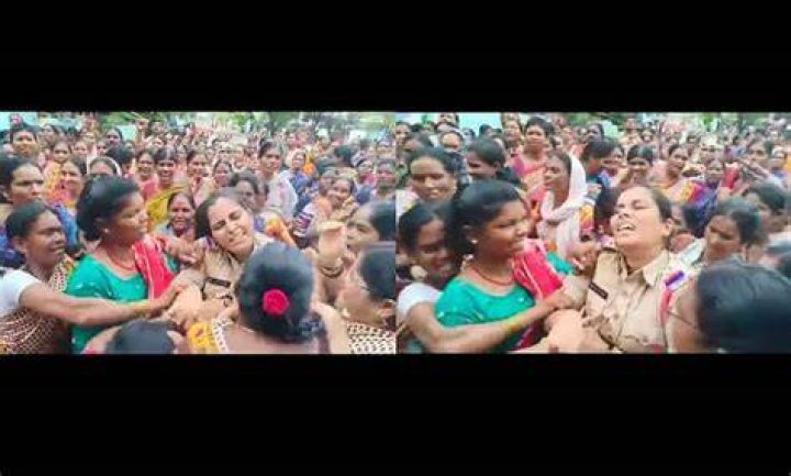 Telangana Protesting Anganwadi teachers manhandle woman cop