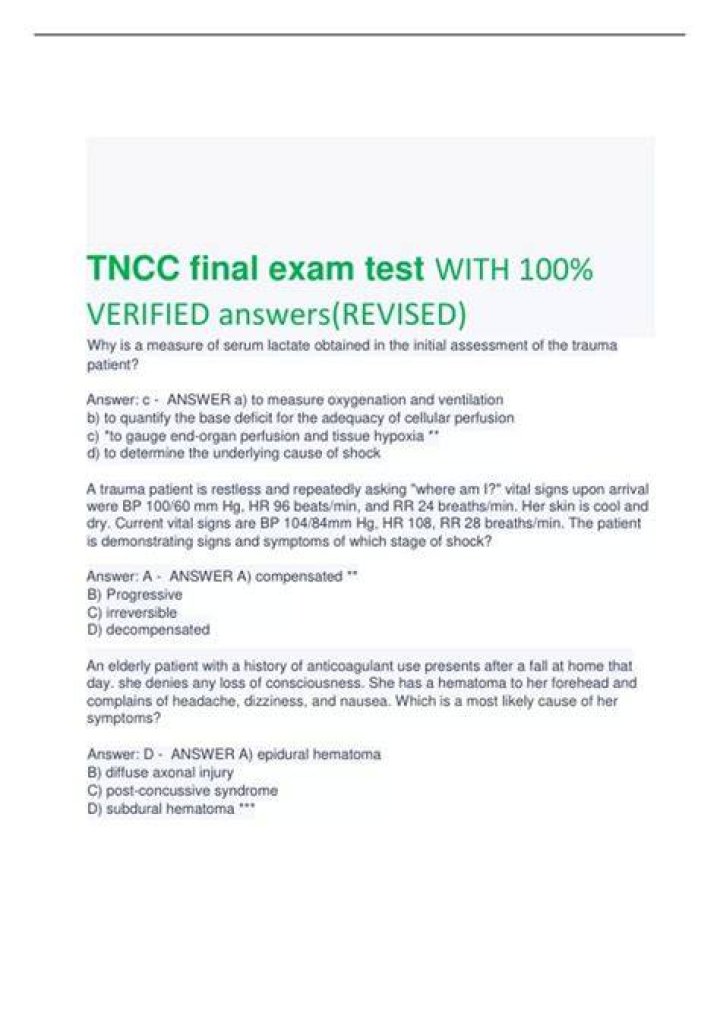 TNCC Final Exam Test 2022/23 Open Book 50 Q&A Scored 100 Teaching